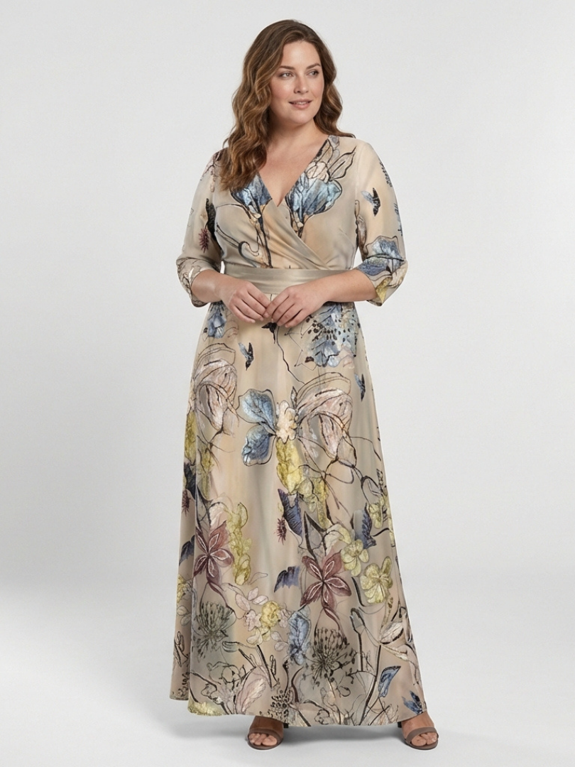 Women's Wrap Dress | Maxi Length Three Quarter Sleeve Floral Print V Neck