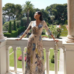 Women's Wrap Dress | Maxi Length Three Quarter Sleeve Floral Print V Neck