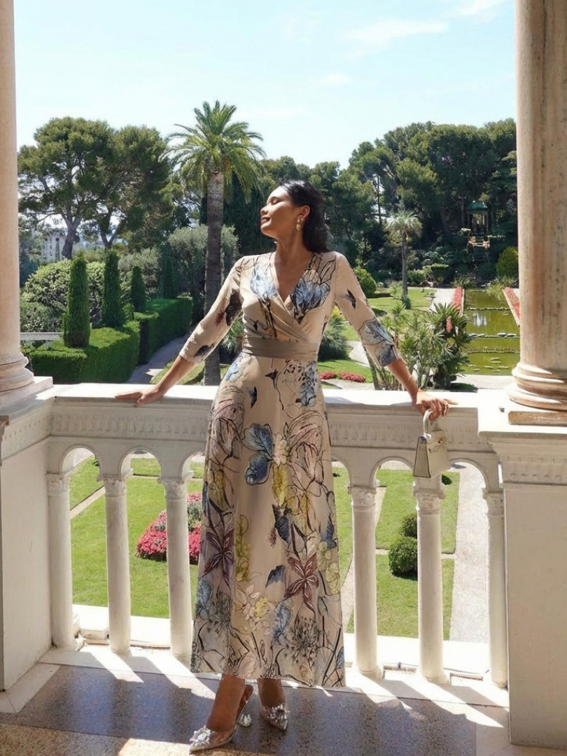 Women's Wrap Dress | Maxi Length Three Quarter Sleeve Floral Print V Neck
