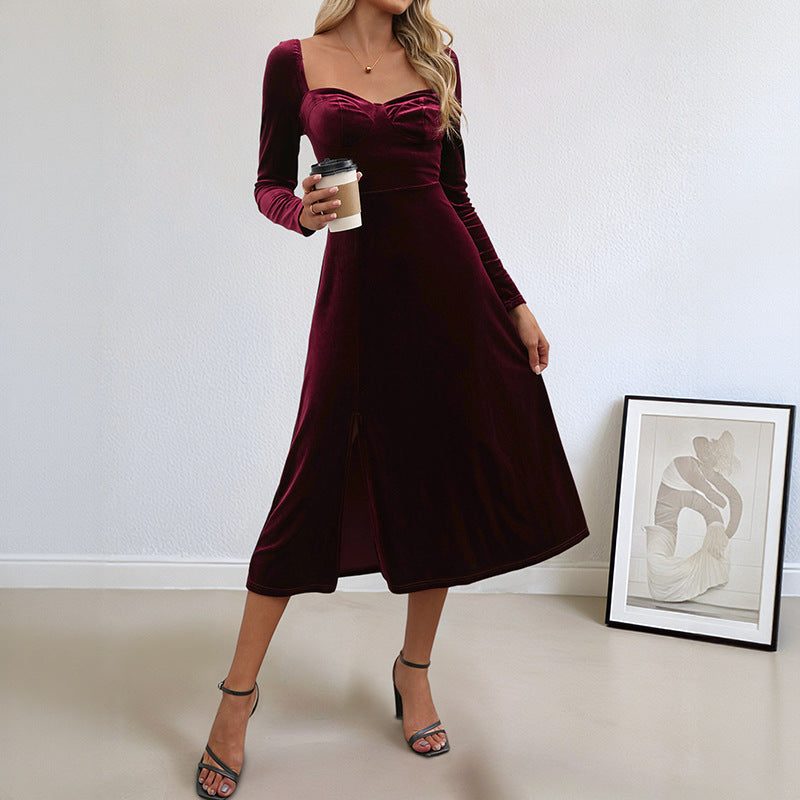 Women's Christmas Dress | Midi Sweetheart Velvet Long-Sleeve