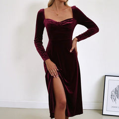 Women's Christmas Dress | Midi Sweetheart Velvet Long-Sleeve