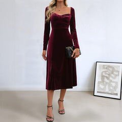Women's Christmas Dress | Midi Sweetheart Velvet Long-Sleeve