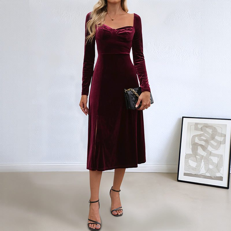 Women's Christmas Dress | Midi Sweetheart Velvet Long-Sleeve