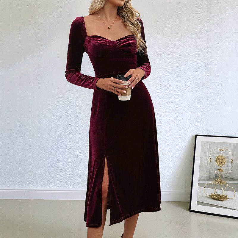 Women's Christmas Dress | Midi Sweetheart Velvet Long-Sleeve
