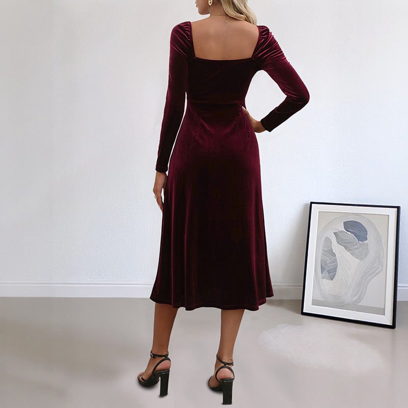 Women's Christmas Dress | Midi Sweetheart Velvet Long-Sleeve