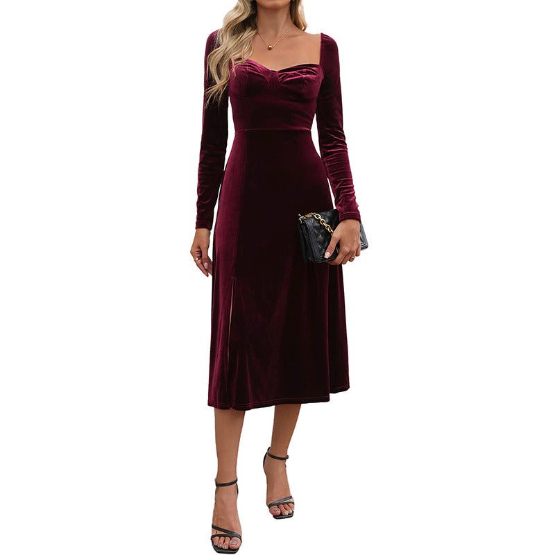 Women's Christmas Dress | Midi Sweetheart Velvet Long-Sleeve