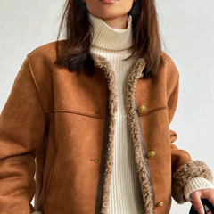 Veste femme effet daim doublée sherpa, manteau court chaud à boutons pour l’automne-hiver