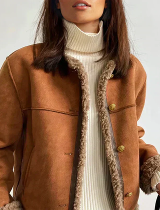 Veste femme effet daim doublée sherpa, manteau court chaud à boutons pour l’automne-hiver
