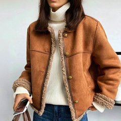Veste femme effet daim doublée sherpa, manteau court chaud à boutons pour l’automne-hiver