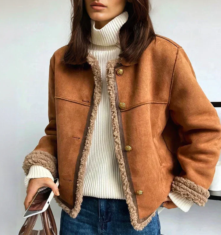 Veste femme effet daim doublée sherpa, manteau court chaud à boutons pour l’automne-hiver