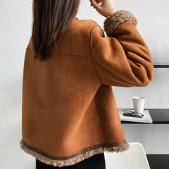 Veste femme effet daim doublée sherpa, manteau court chaud à boutons pour l’automne-hiver