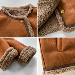 Veste femme effet daim doublée sherpa, manteau court chaud à boutons pour l’automne-hiver