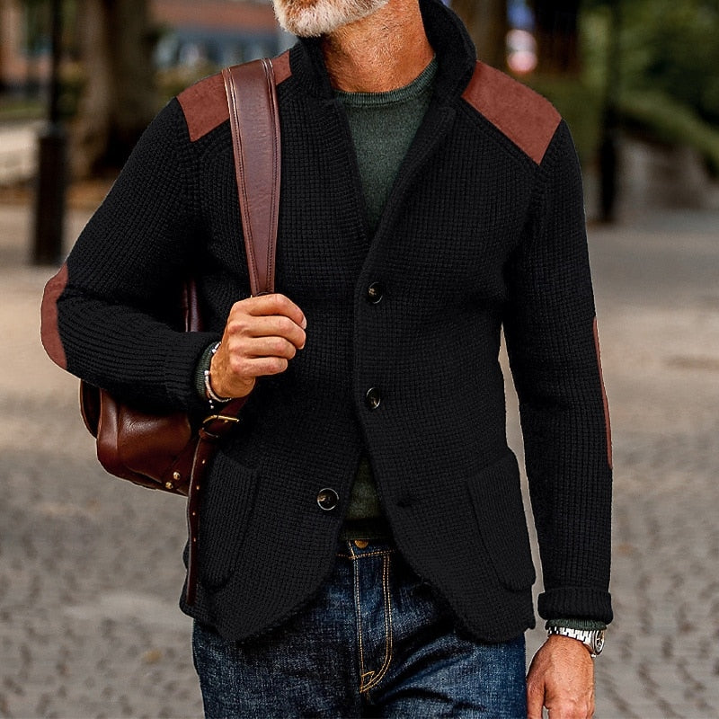 Men's Cardigan | Textured Knit Stand Collar Button Front