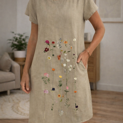 Women's T Shirt Dress | Midi Length Round Neck Short Sleeve Embroidered Floral