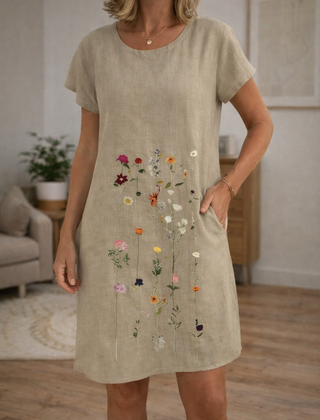 Women's T Shirt Dress | Midi Length Round Neck Short Sleeve Embroidered Floral