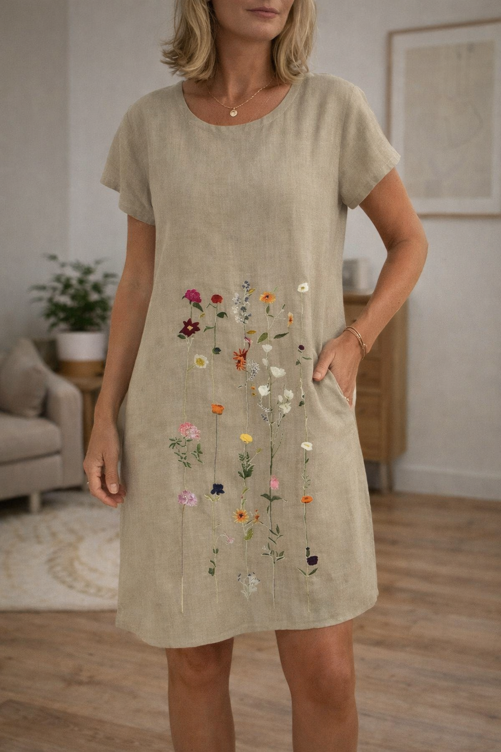 Women's T Shirt Dress | Midi Length Round Neck Short Sleeve Embroidered Floral