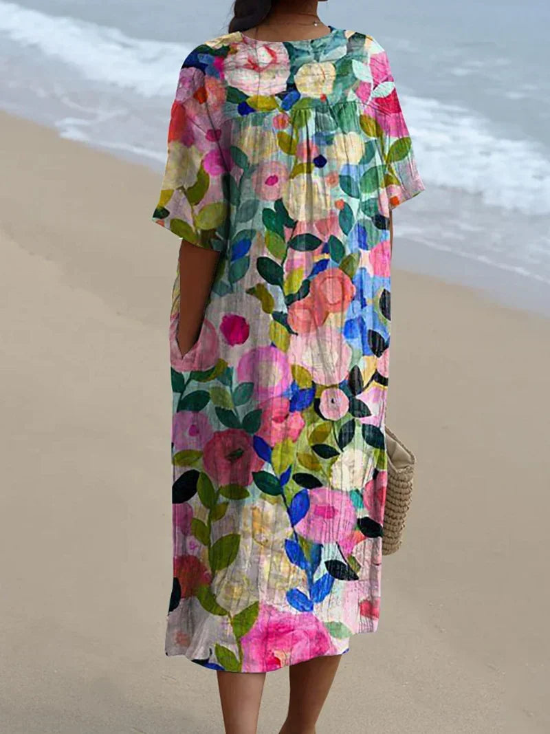 Women's Flowy Dress | V-Neck Short Sleeve Floral Midi