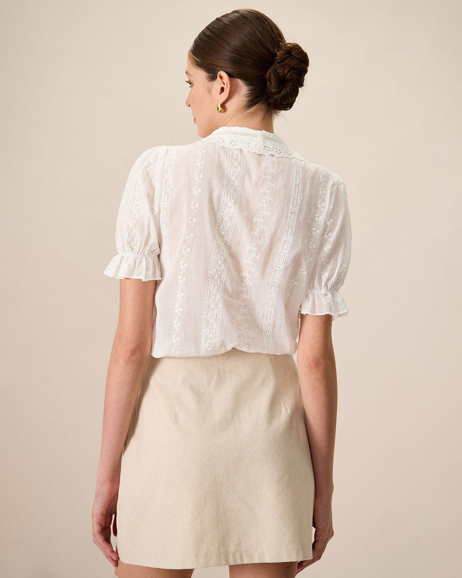 Women's White Top | Collared Lace Puff Sleeve Embroidery