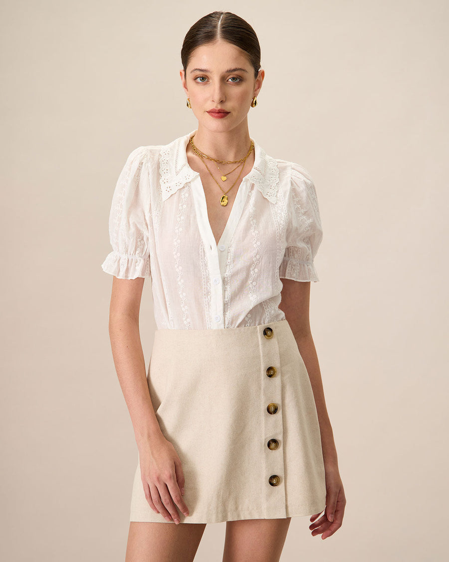 Women's White Top | Collared Lace Puff Sleeve Embroidery