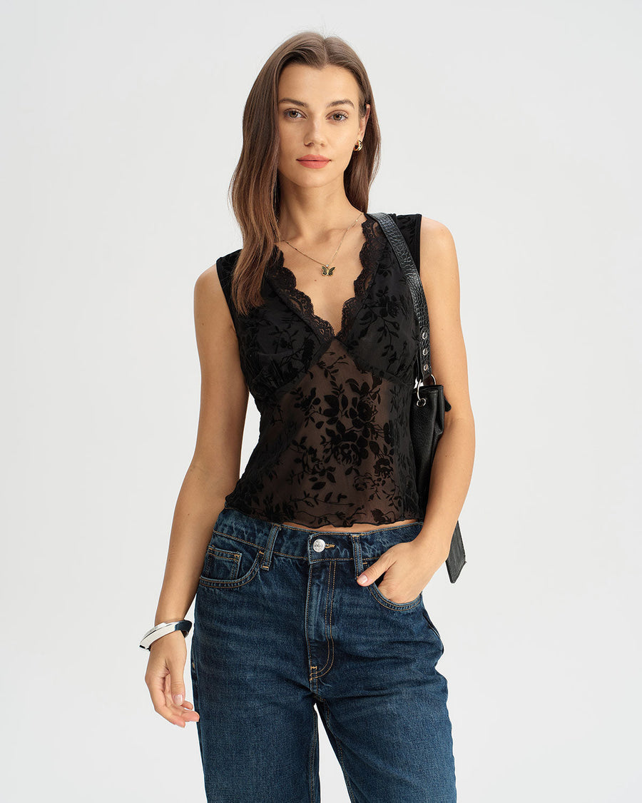 Women's Lace Top | V-Neck Sleeveless Lace Trim