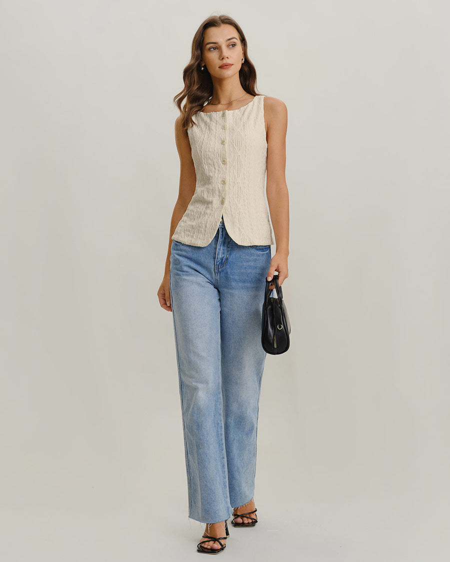 Women's Boat Neck Top | Sleeveless Button Front Knit
