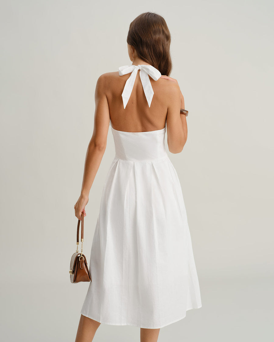 Women's White Midi Sundress | Halter Neck V-Neckline Sleeveless