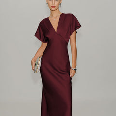 Women's Red Dress | Midi Cowl Neck Short Sleeve
