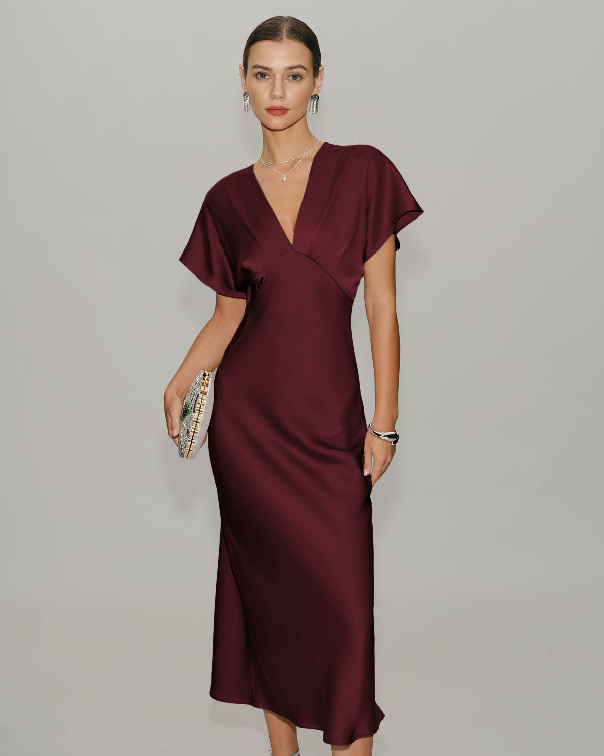 Women's Red Dress | Midi Cowl Neck Short Sleeve
