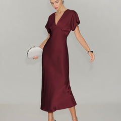 Women's Red Dress | Midi Cowl Neck Short Sleeve