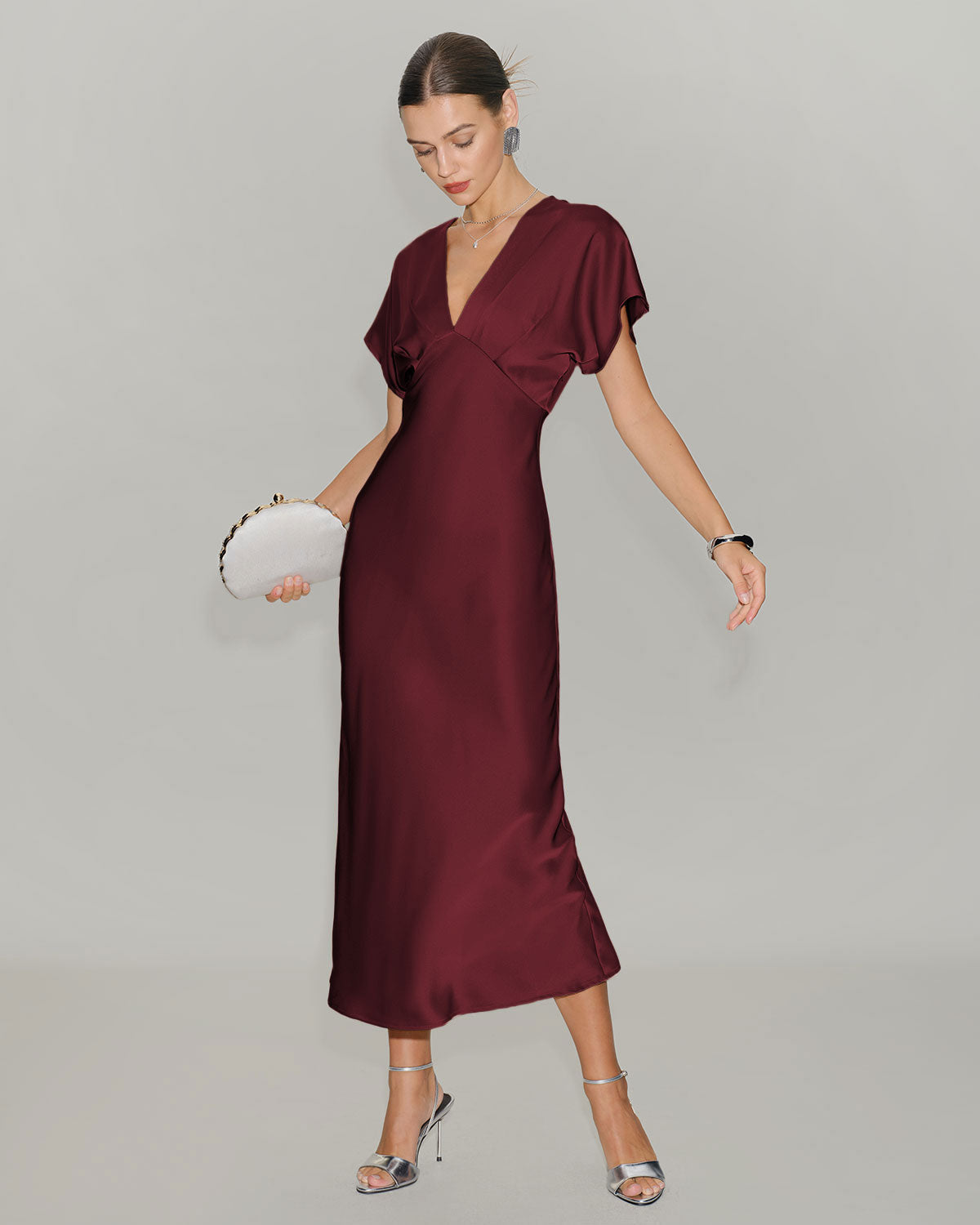 Women's Red Dress | Midi Cowl Neck Short Sleeve