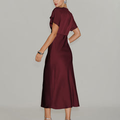 Women's Red Dress | Midi Cowl Neck Short Sleeve
