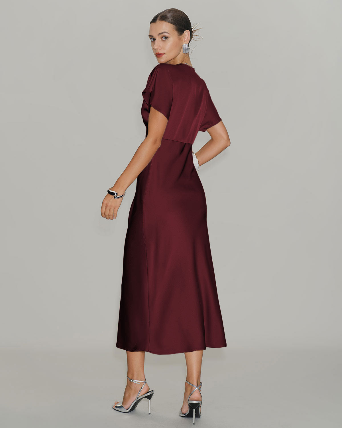 Women's Red Dress | Midi Cowl Neck Short Sleeve
