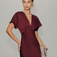 Women's Red Dress | Midi Cowl Neck Short Sleeve