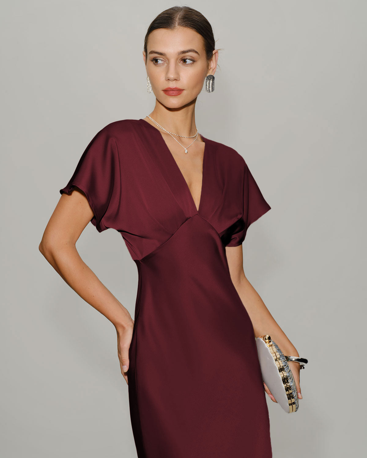 Women's Red Dress | Midi Cowl Neck Short Sleeve