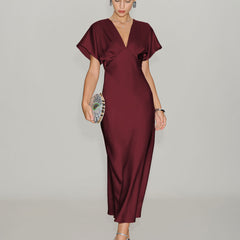 Women's Red Dress | Midi Cowl Neck Short Sleeve