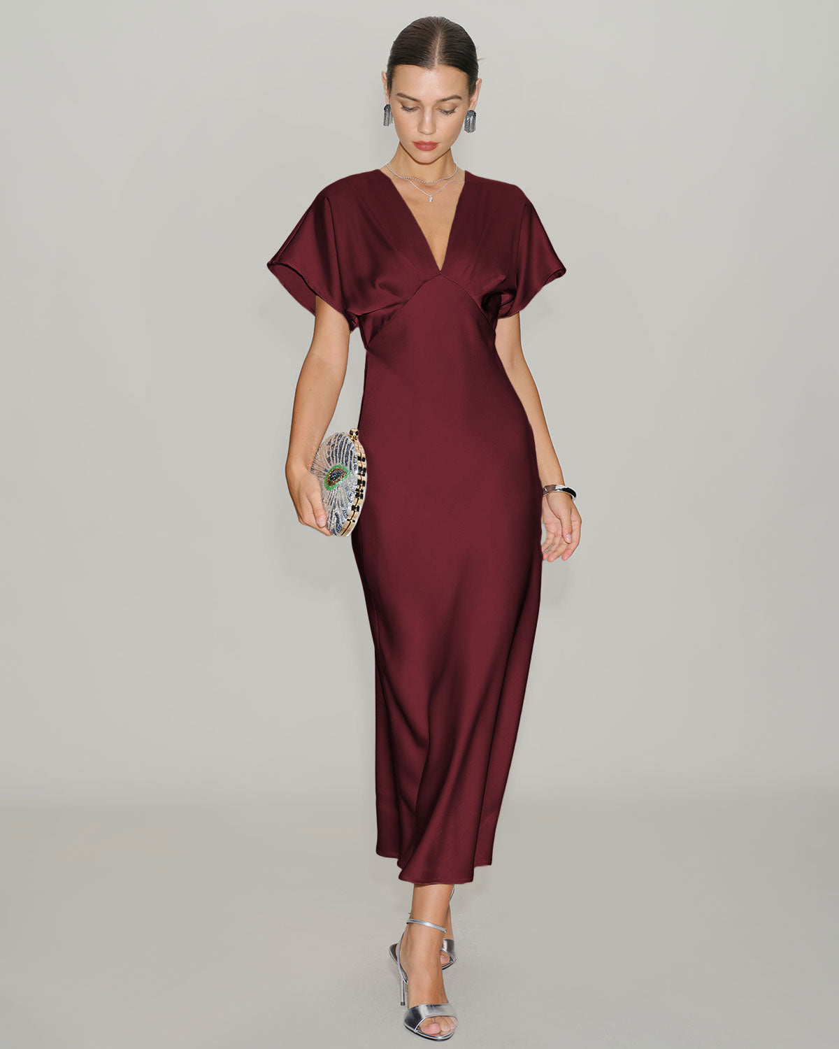 Women's Red Dress | Midi Cowl Neck Short Sleeve