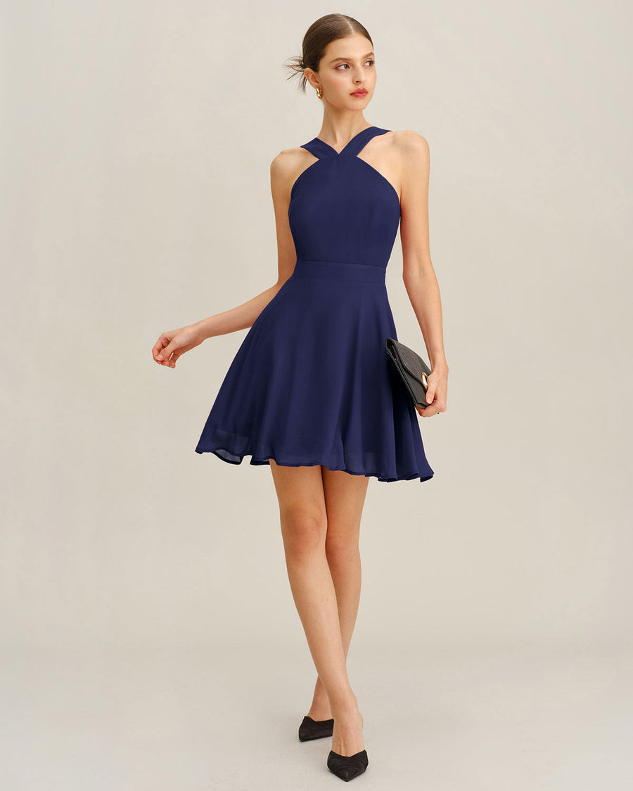 Women's Blue Mini Sundress | Halter Neck Sleeveless A-Line Chiffon