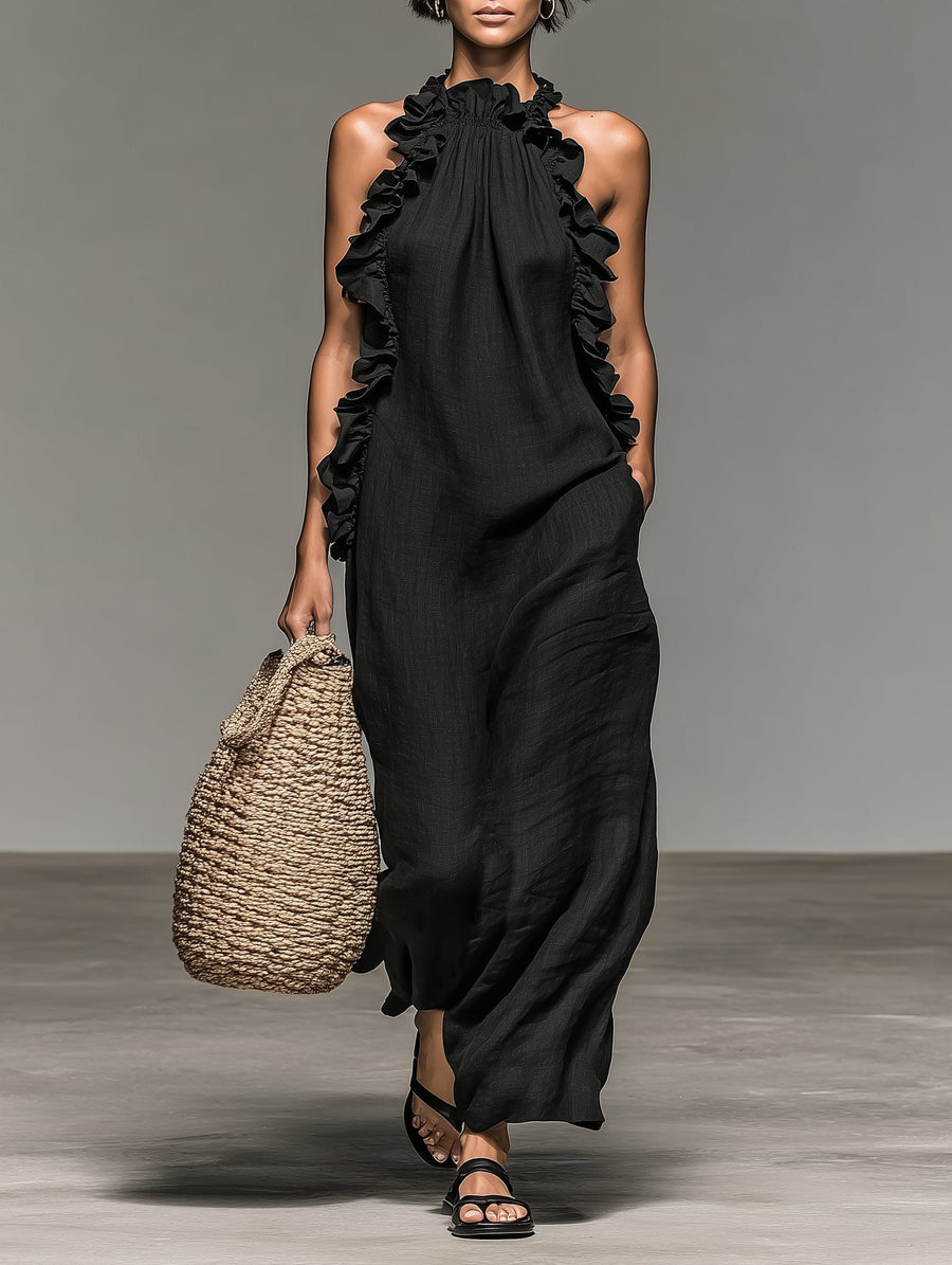 Women's Black Linen Halter Neck Ruffle Sleeveless Maxi Dresses - Black