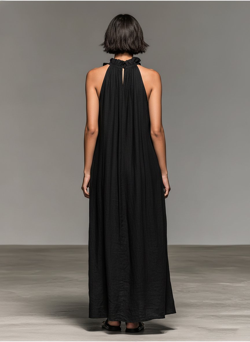 Women's Black Linen Halter Neck Ruffle Sleeveless Maxi Dresses