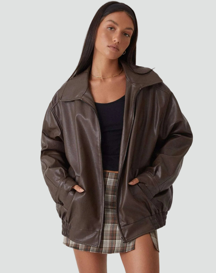 Women's Leather Bomber Coat | Oversized Fit Zip Closure