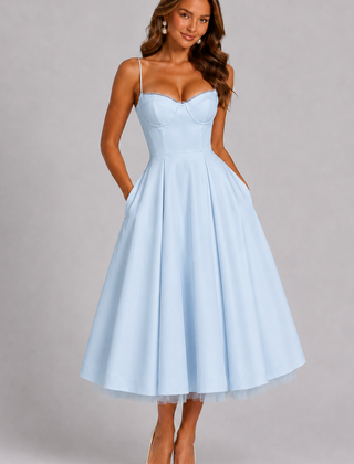 Women's Wedding Guest Dress | Midi Sweetheart Spaghetti Strap