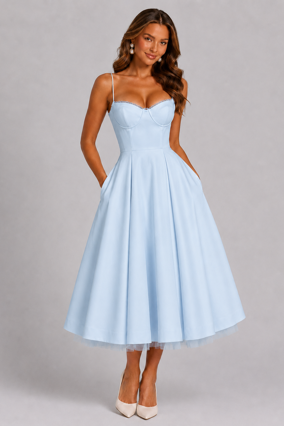 Women's Wedding Guest Dress | Midi Sweetheart Spaghetti Strap
