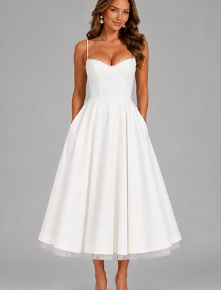 Women's Wedding Guest Dress | Midi Sweetheart Spaghetti Strap