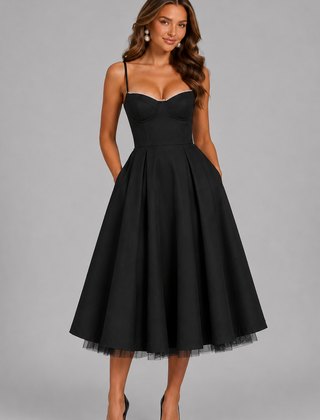 Women's Wedding Guest Dress | Midi Sweetheart Spaghetti Strap