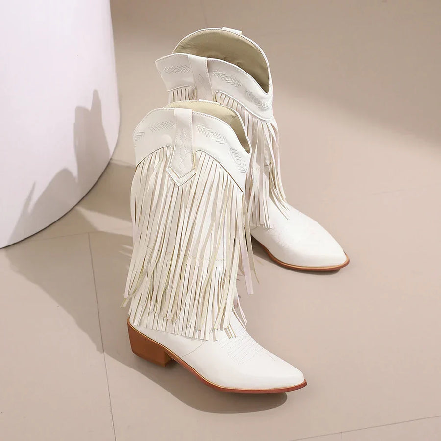 Women's White Shoe | Pointed Toe Block Heel Fringe Cowgirl