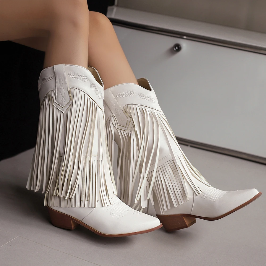 Women's White Shoe | Pointed Toe Block Heel Fringe Cowgirl
