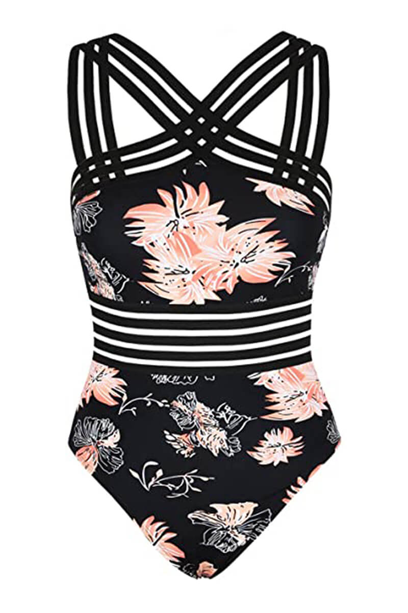 Women's One Piece Bikini | Crossover Straps Contoured Waist Print