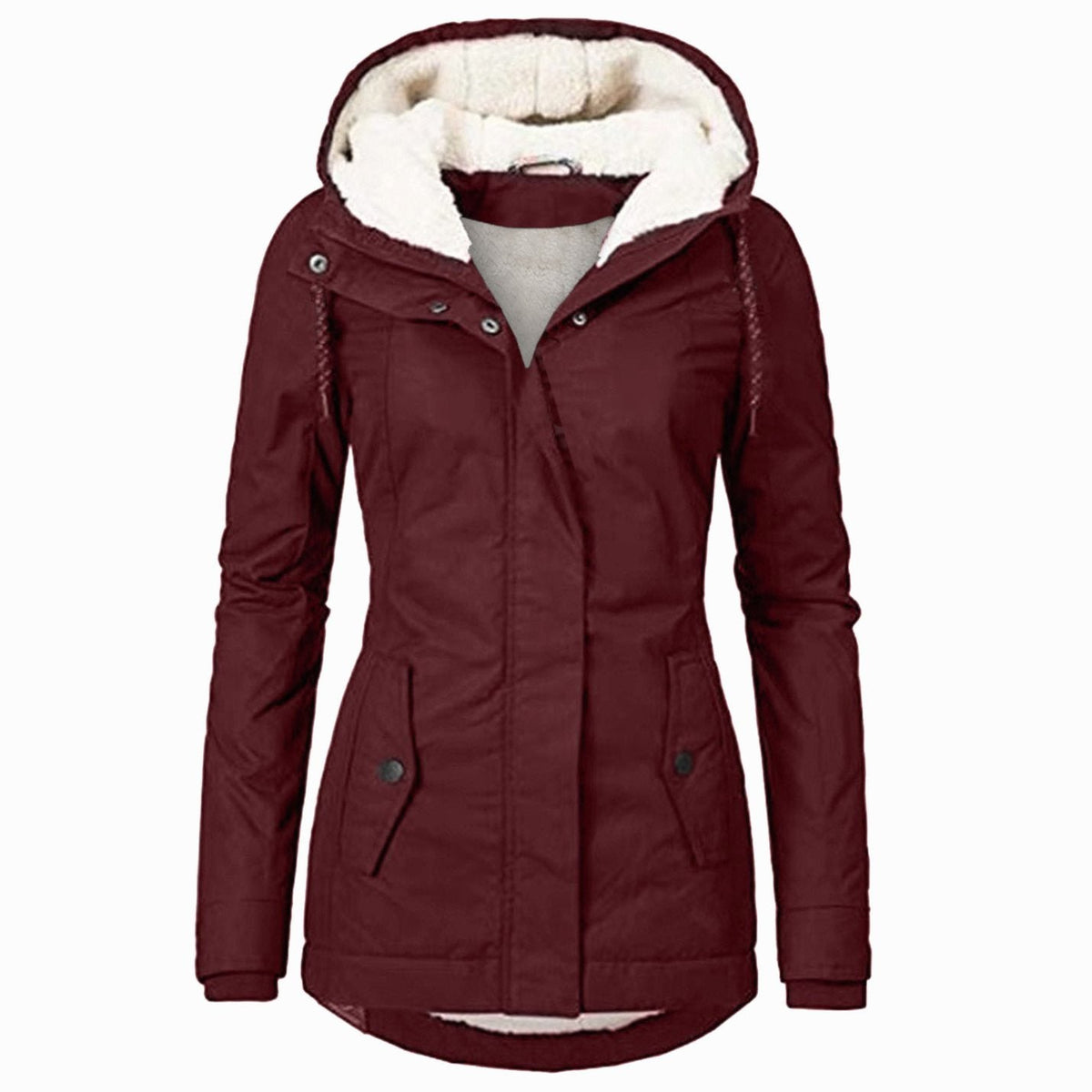 Women's Fleece Jacket | Hooded Zip-Up Sherpa Lining Curved Hem