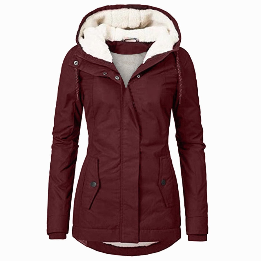 Women's Fleece Jacket | Hooded Zip-Up Sherpa Lining Curved Hem