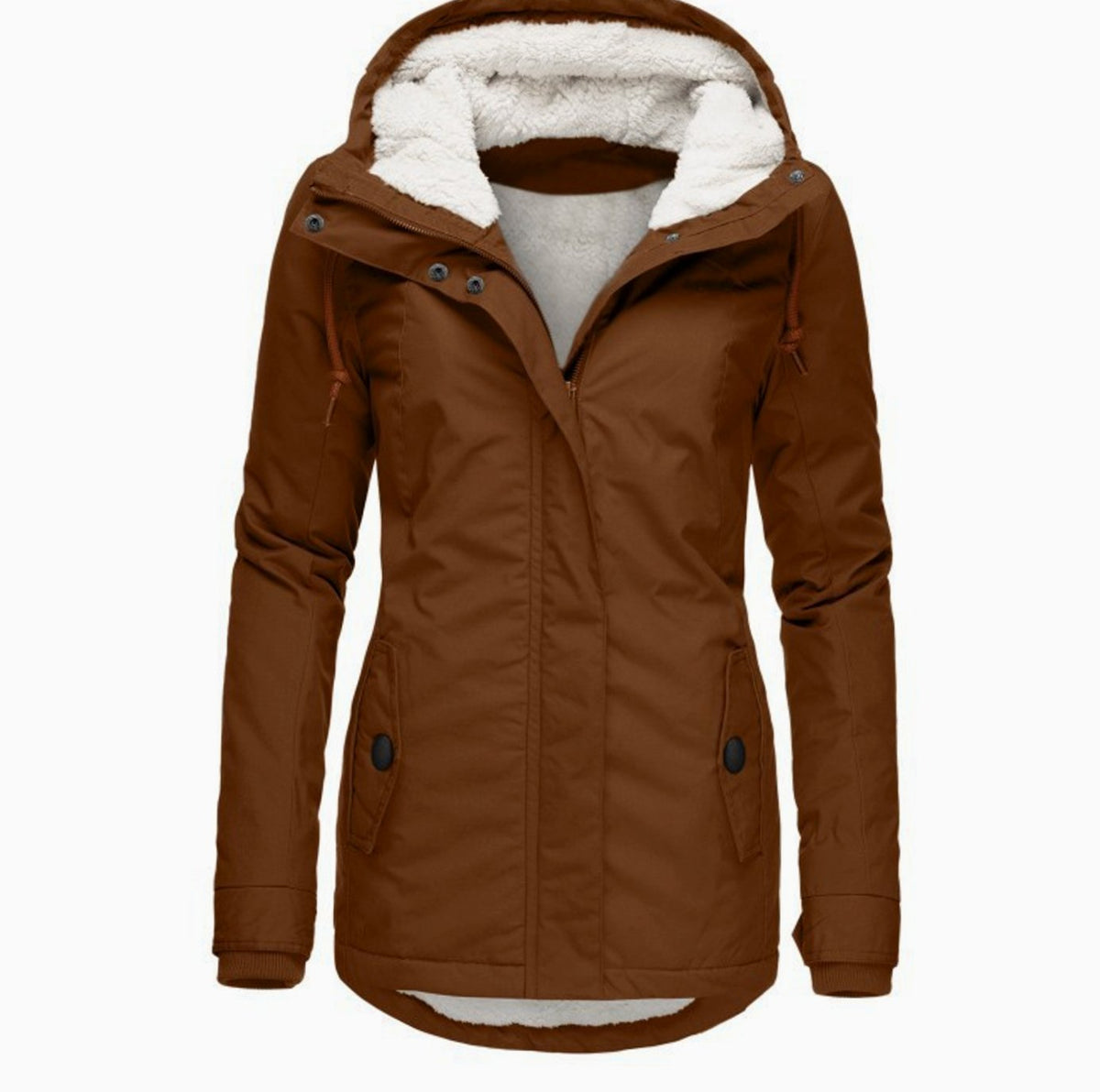 Women's Fleece Jacket | Hooded Zip-Up Sherpa Lining Curved Hem